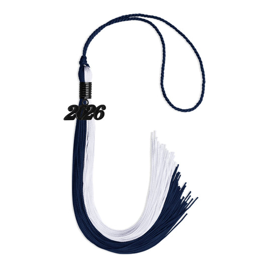 Navy Blue/White Graduation Tassel with Black Bling Charm by Wholesale Grad Supply