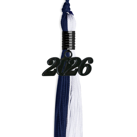 Navy Blue/White Graduation Tassel with Black Bling Charm by Wholesale Grad Supply