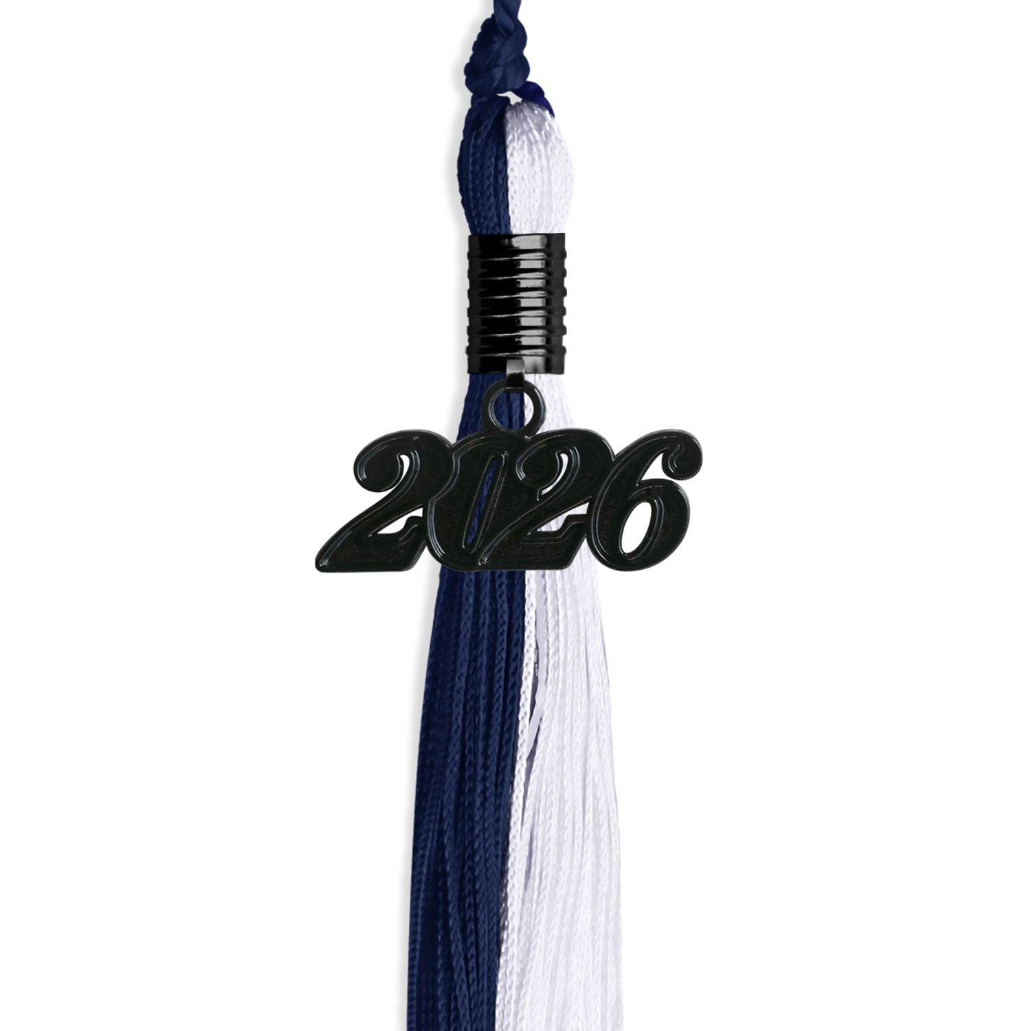 Navy Blue/White Graduation Tassel with Black Bling Charm by Wholesale Grad Supply