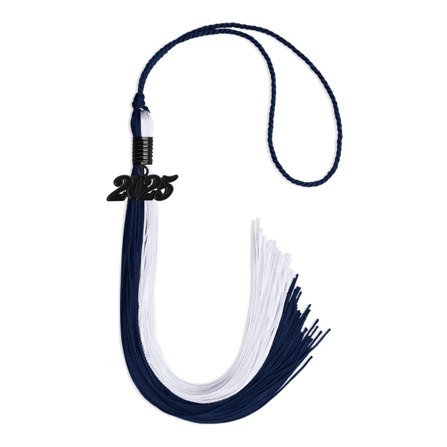 Navy Blue/White Graduation Tassel with Black Bling Charm by Wholesale Grad Supply