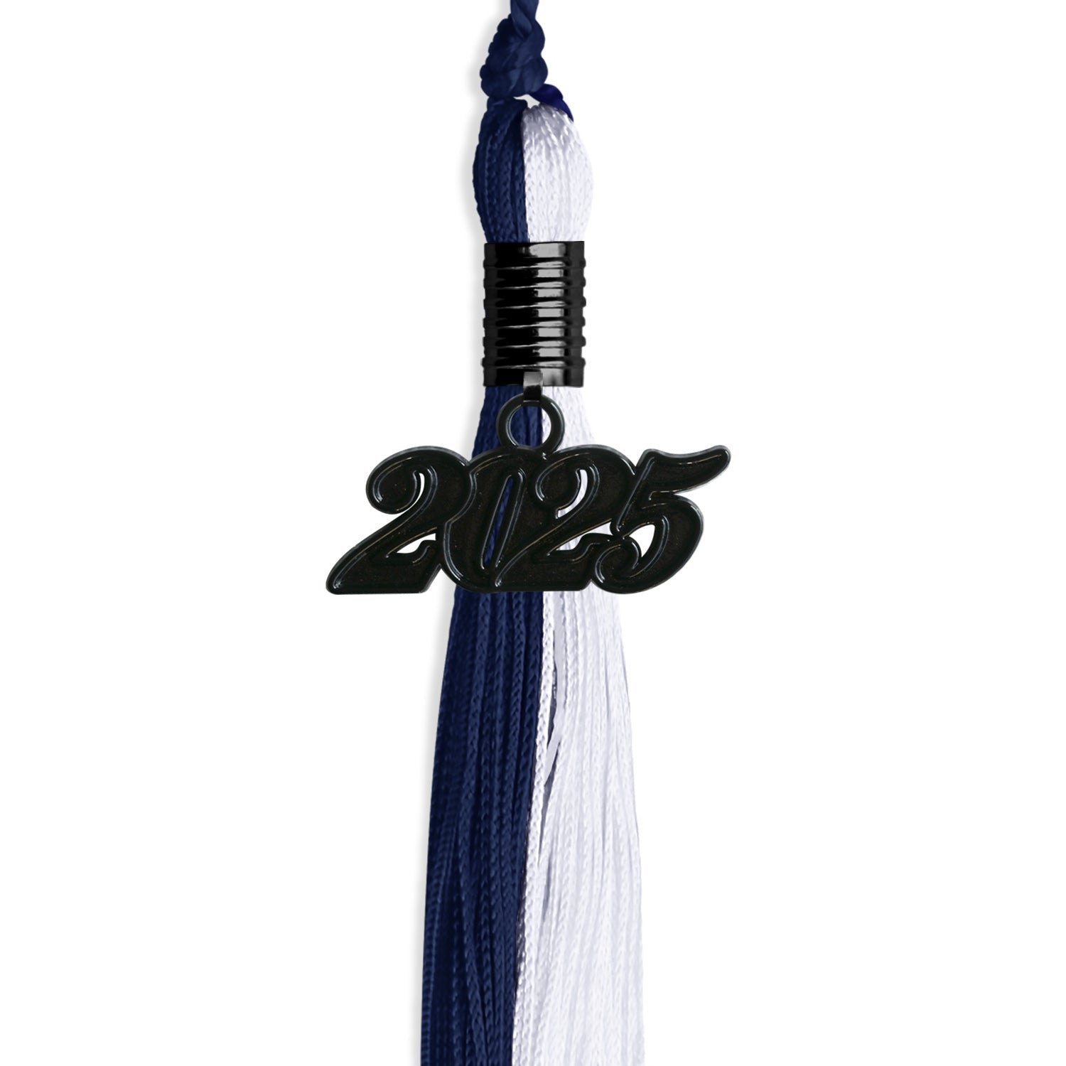 Navy Blue/White Graduation Tassel with Black Bling Charm by Wholesale Grad Supply