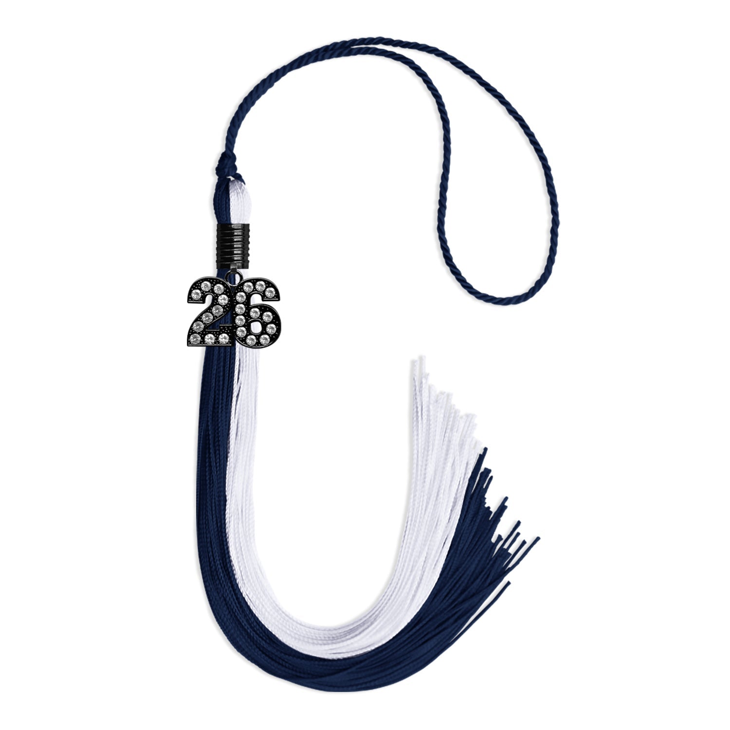 Navy Blue/White Graduation Tassel with Black Bling Charm by Wholesale Grad Supply