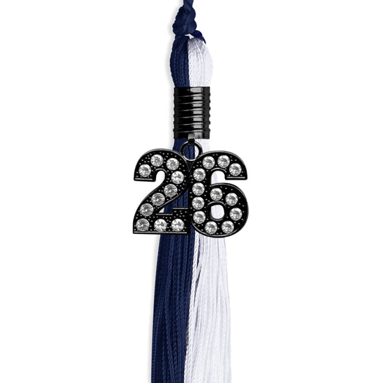 Navy Blue/White Graduation Tassel with Black Bling Charm by Wholesale Grad Supply
