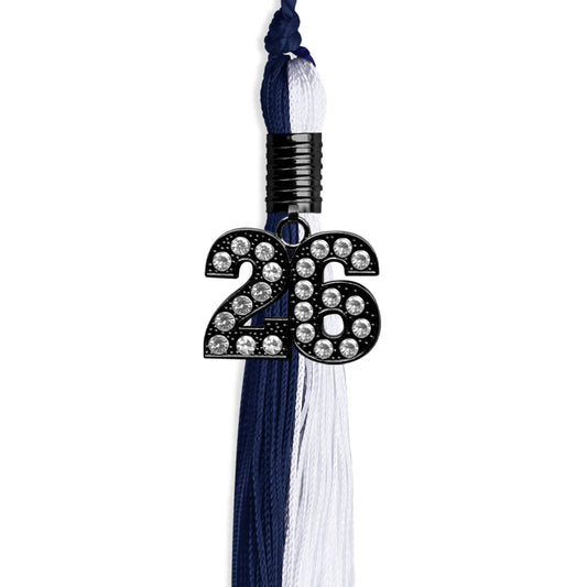 Navy Blue/White Graduation Tassel with Black Bling Charm by Wholesale Grad Supply