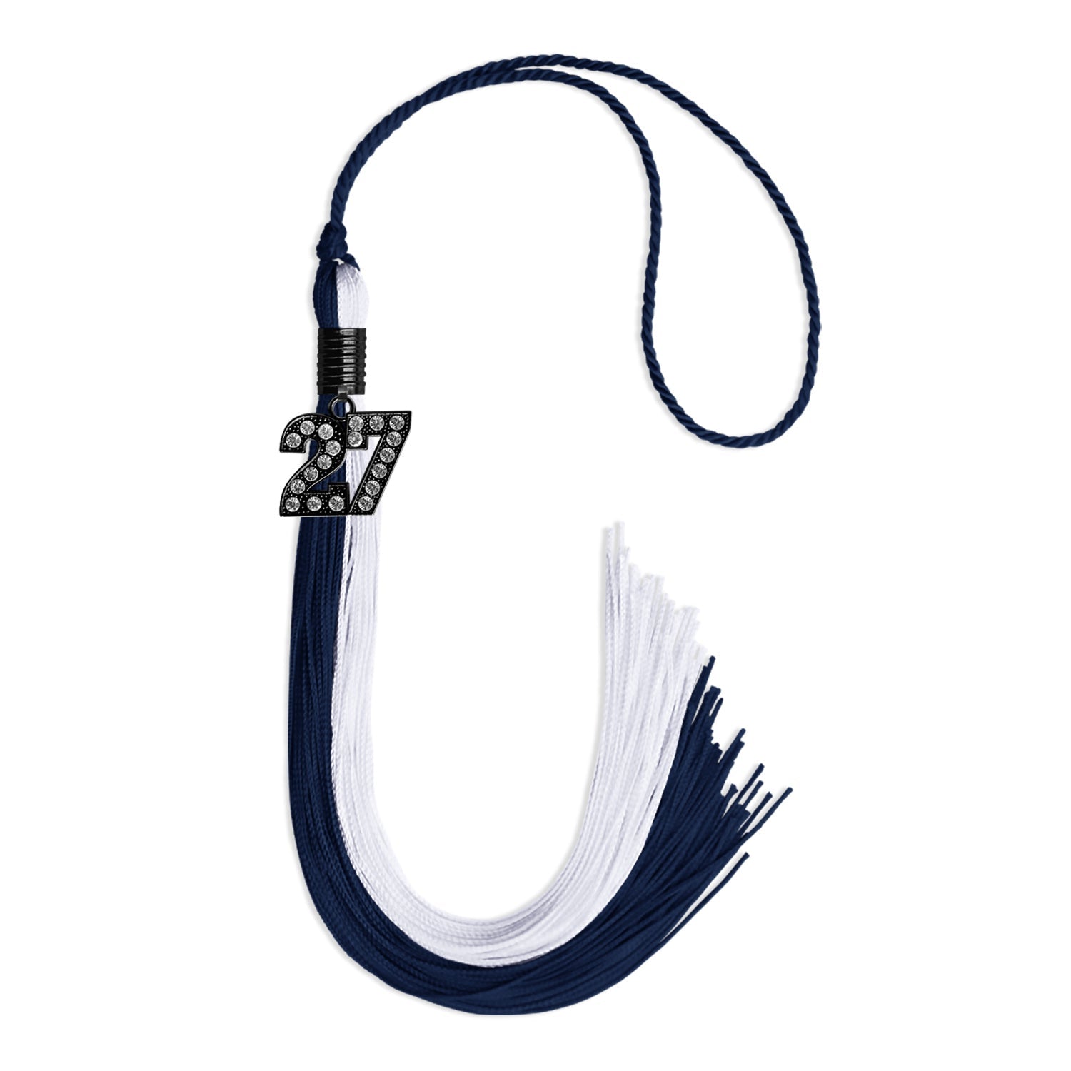 Navy Blue/White Graduation Tassel with Black Bling Charm by Wholesale Grad Supply