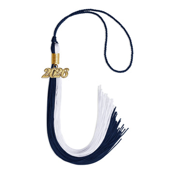 Navy Blue/White Graduation Tassel with Gold Bling Charm by Wholesale Grad Supply