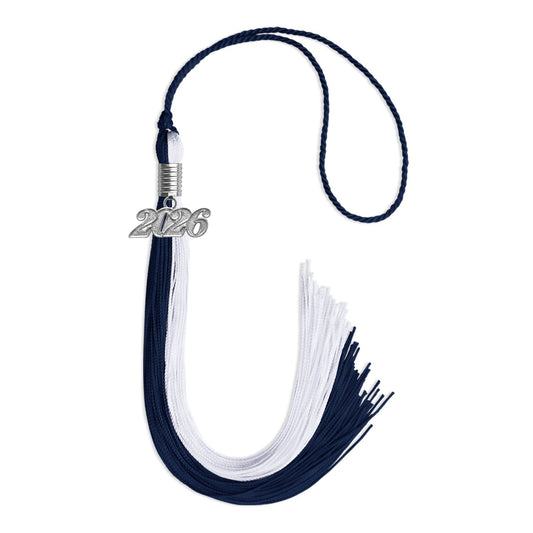 Navy Blue/White Graduation Tassel with Silver Bling Charm by Wholesale Grad Supply