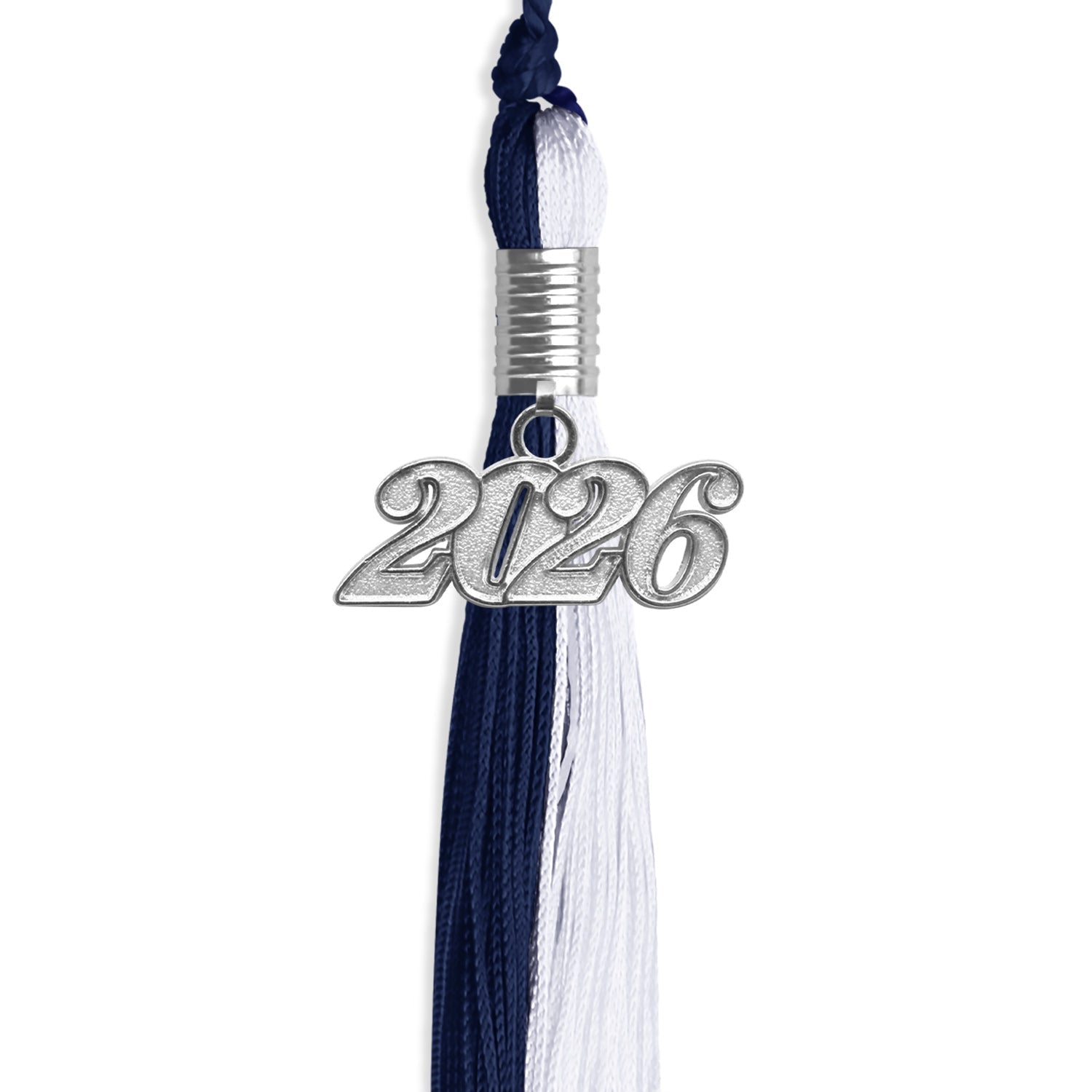 Navy Blue/White Graduation Tassel with Silver Bling Charm by Wholesale Grad Supply