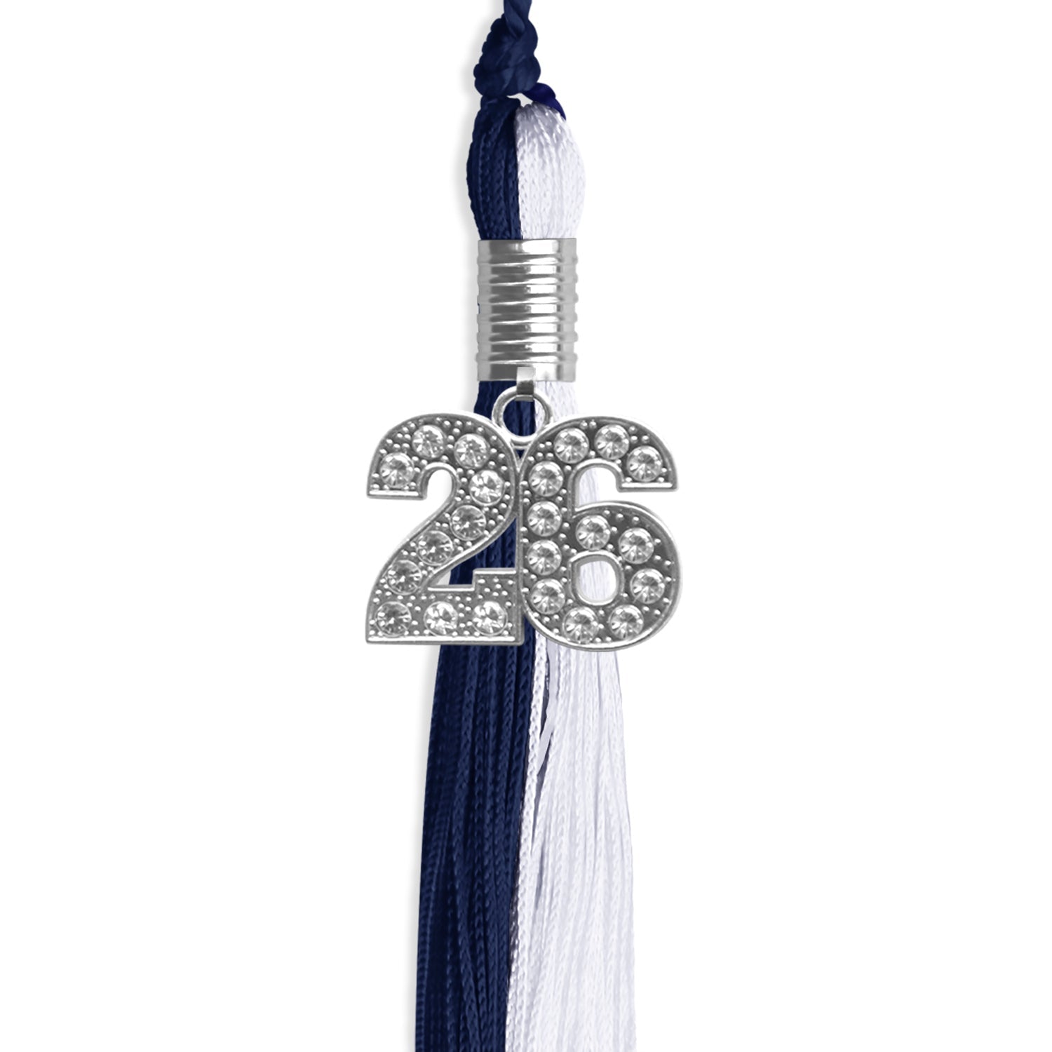 Navy Blue/White Graduation Tassel with Silver Bling Charm by Wholesale Grad Supply