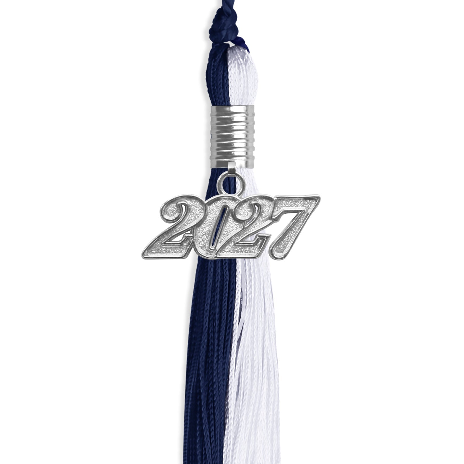 Navy Blue/White Graduation Tassel with Silver Bling Charm by Wholesale Grad Supply
