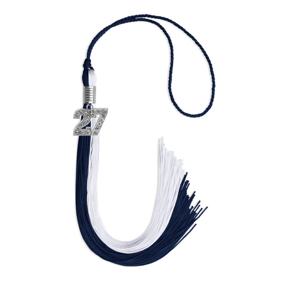 Navy Blue/White Graduation Tassel with Silver Bling Charm by Wholesale Grad Supply