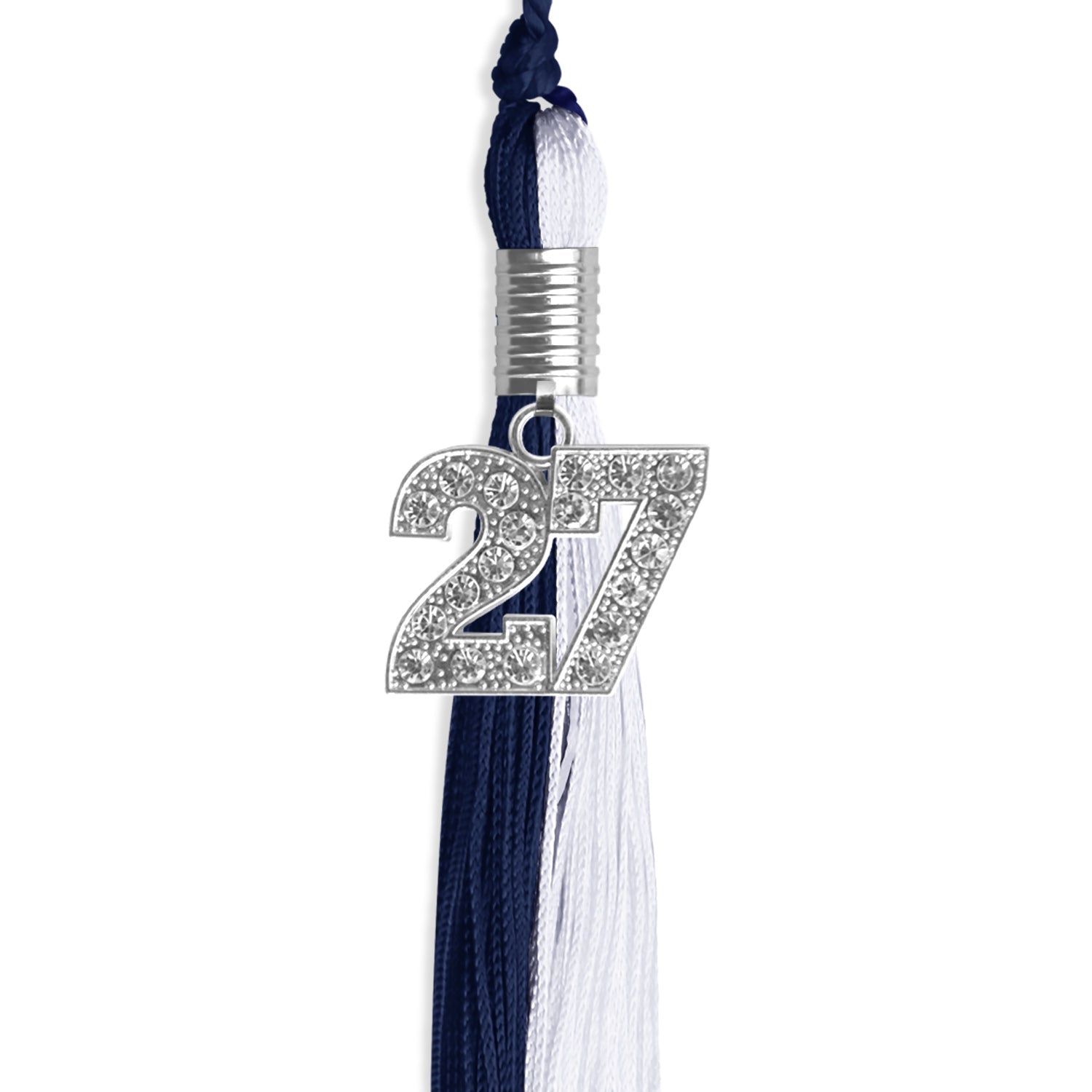 Navy Blue/White Graduation Tassel with Silver Bling Charm by Wholesale Grad Supply