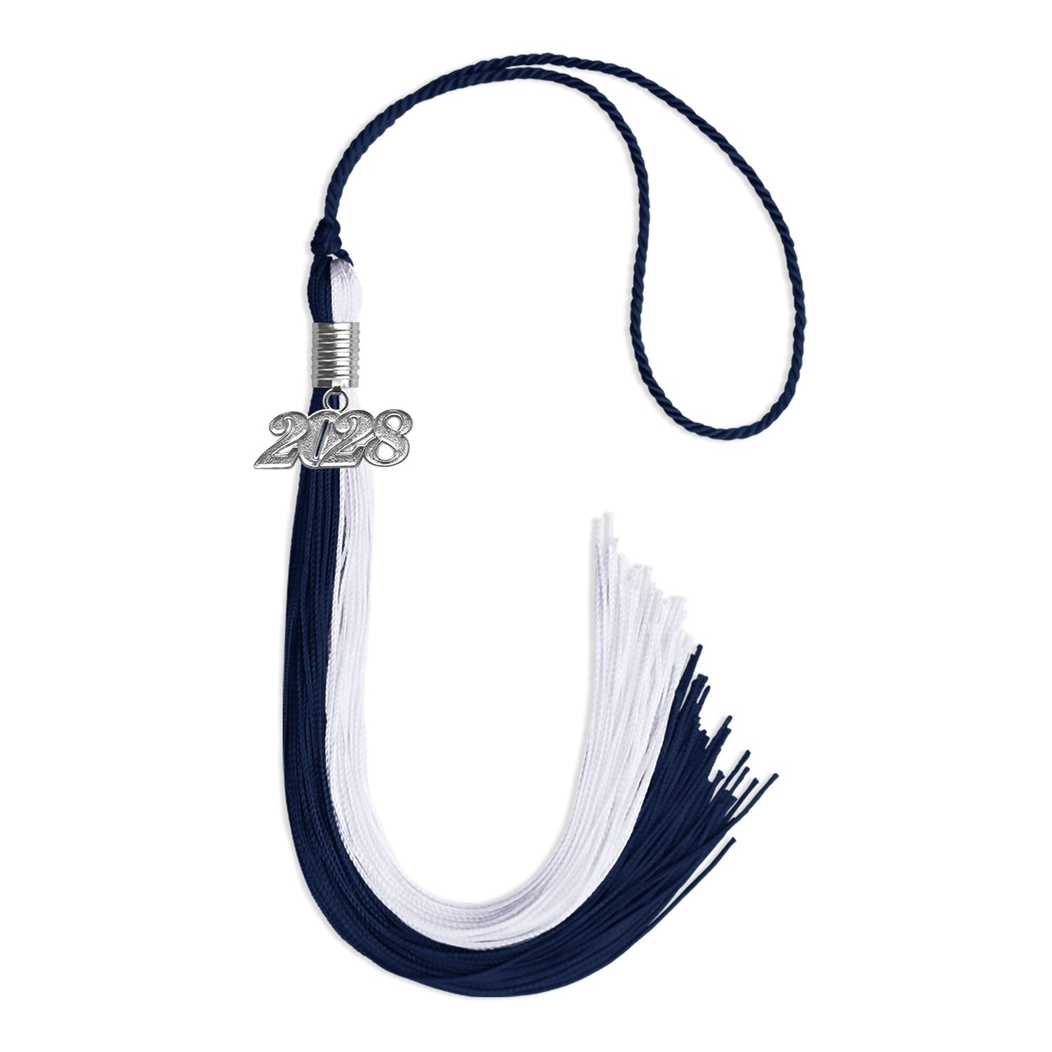 Navy Blue/White Graduation Tassel with Silver Bling Charm by Wholesale Grad Supply