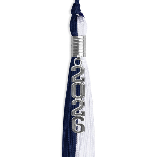 Navy Blue/White Graduation Tassel with Silver Stacked Date Drop by Wholesale Grad Supply