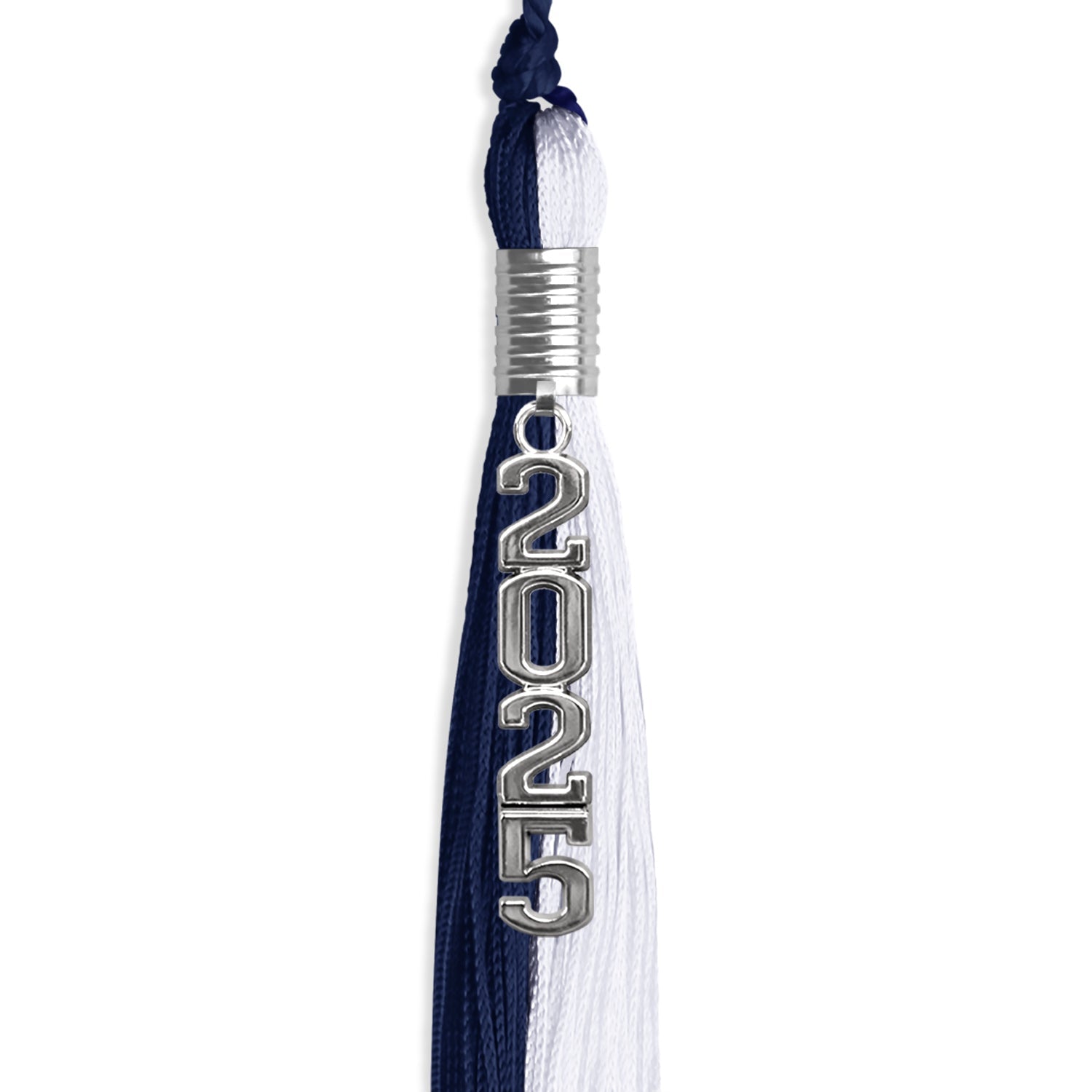 Navy Blue/White Graduation Tassel with Silver Stacked Date Drop by Wholesale Grad Supply