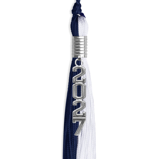 Navy Blue/White Graduation Tassel with Silver Stacked Date Drop by Wholesale Grad Supply