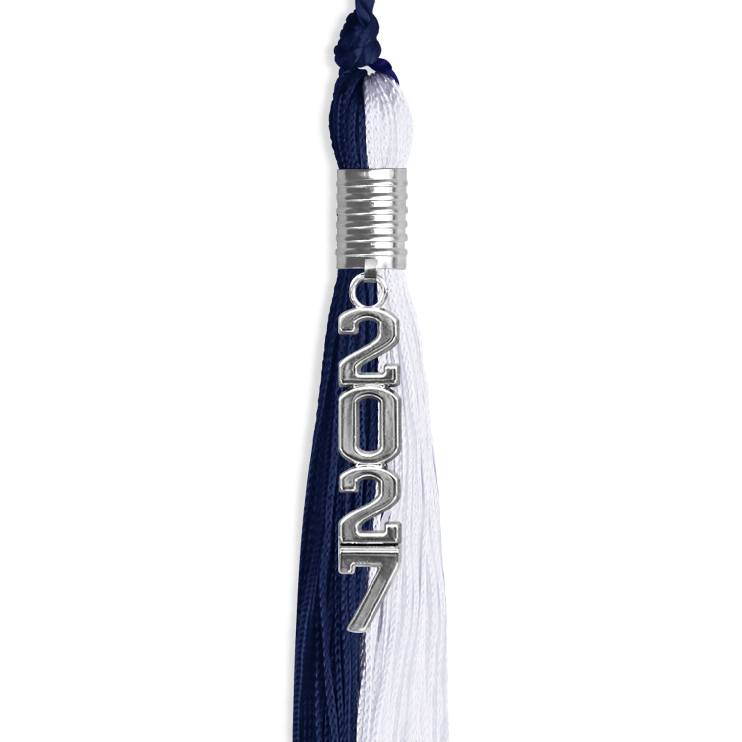 Navy Blue/White Graduation Tassel with Silver Stacked Date Drop by Wholesale Grad Supply