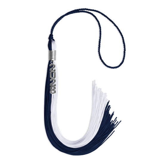 Navy Blue/White Graduation Tassel with Silver Stacked Date Drop by Wholesale Grad Supply
