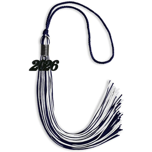 Navy Blue/White Mixed Color Graduation Tassel with Black Bling Charm by Wholesale Grad Supply