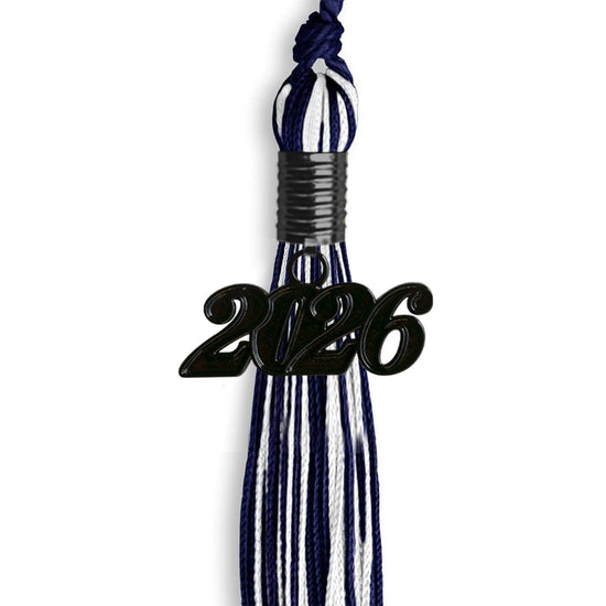 Navy Blue/White Mixed Color Graduation Tassel with Black Bling Charm by Wholesale Grad Supply