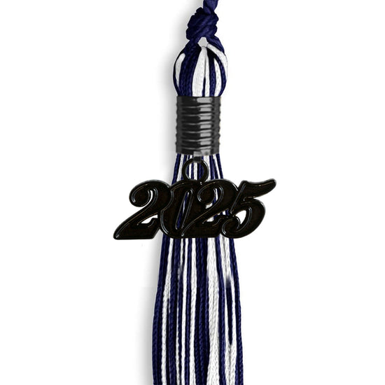 Navy Blue/White Mixed Color Graduation Tassel with Black Bling Charm by Wholesale Grad Supply