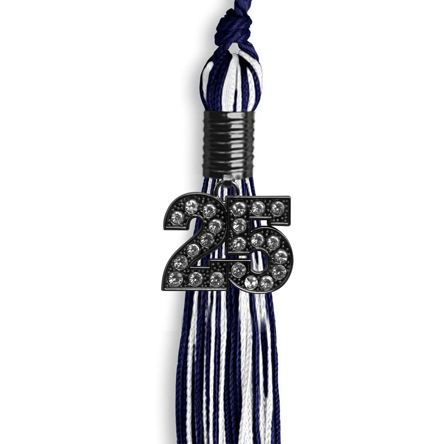 Navy Blue/White Mixed Color Graduation Tassel with Black Bling Charm by Wholesale Grad Supply