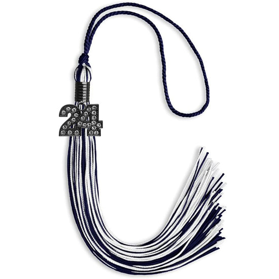 Navy Blue/White Mixed Color Graduation Tassel with Black Bling Charm by Wholesale Grad Supply