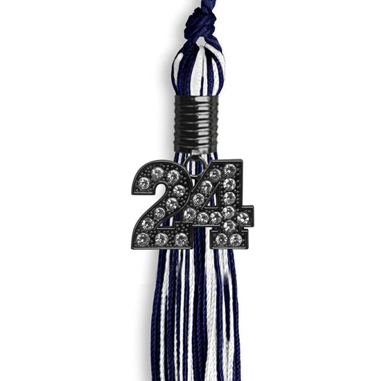 Navy Blue/White Mixed Color Graduation Tassel with Black Bling Charm by Wholesale Grad Supply