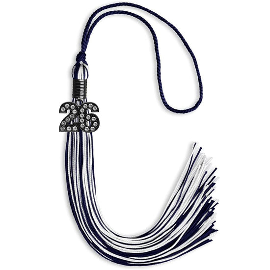 Navy Blue/White Mixed Color Graduation Tassel with Black Bling Charm by Wholesale Grad Supply