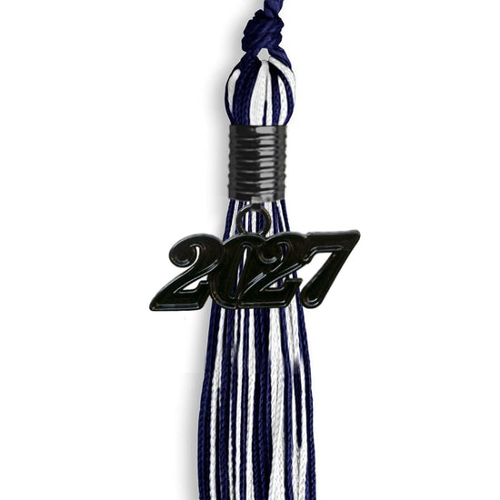 Navy Blue/White Mixed Color Graduation Tassel with Black Bling Charm by Wholesale Grad Supply
