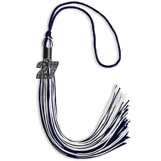 Navy Blue/White Mixed Color Graduation Tassel with Black Bling Charm by Wholesale Grad Supply
