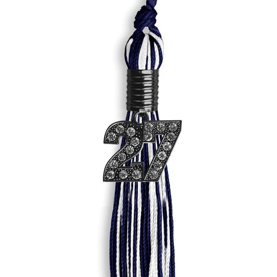 Navy Blue/White Mixed Color Graduation Tassel with Black Bling Charm by Wholesale Grad Supply