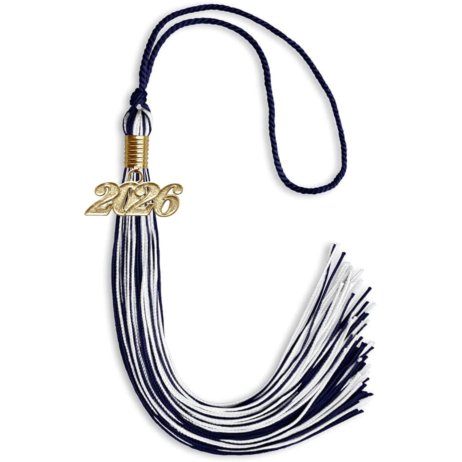 Navy Blue/White Mixed Color Graduation Tassel with Gold Bling Charm by Wholesale Grad Supply