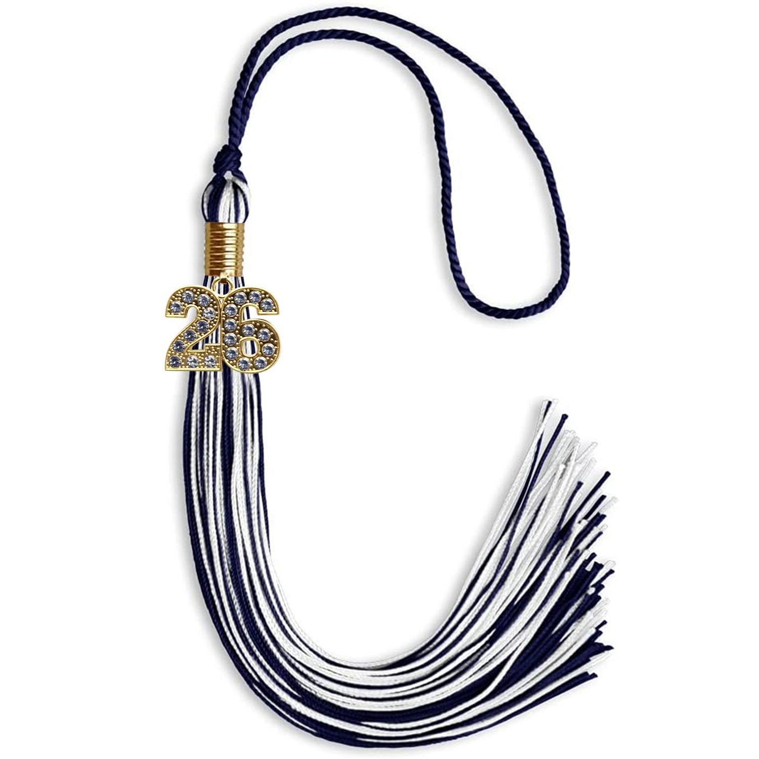 Navy Blue/White Mixed Color Graduation Tassel with Gold Bling Charm by Wholesale Grad Supply