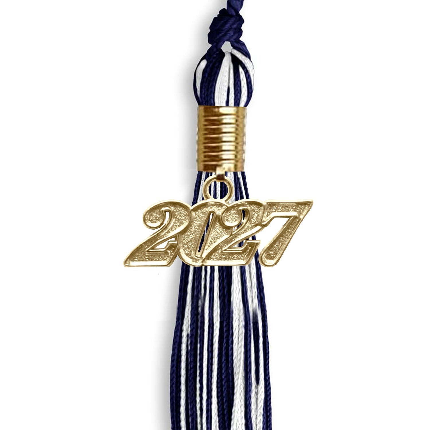 Navy Blue/White Mixed Color Graduation Tassel with Gold Bling Charm by Wholesale Grad Supply