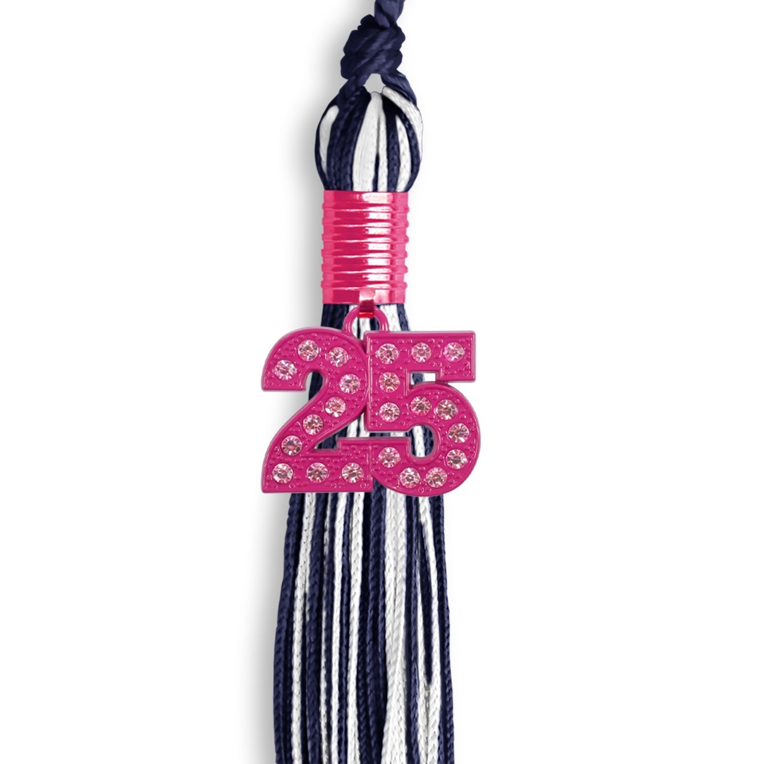 Navy Blue/White Mixed Color Graduation Tassel with Pink Bling Charm by Wholesale Grad Supply