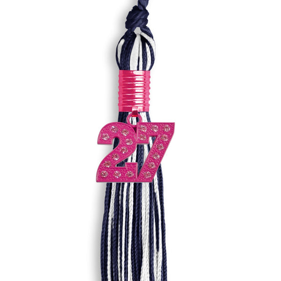 Navy Blue/White Mixed Color Graduation Tassel with Pink Bling Charm by Wholesale Grad Supply