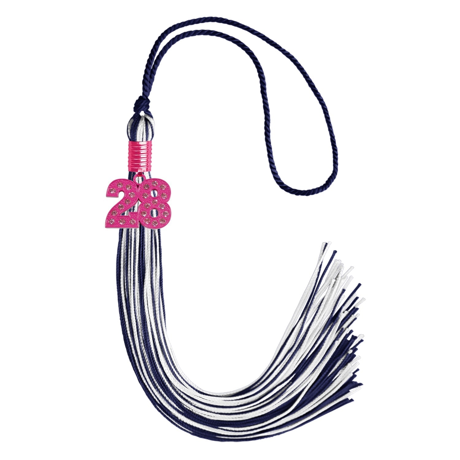 Navy Blue/White Mixed Color Graduation Tassel with Pink Bling Charm by Wholesale Grad Supply