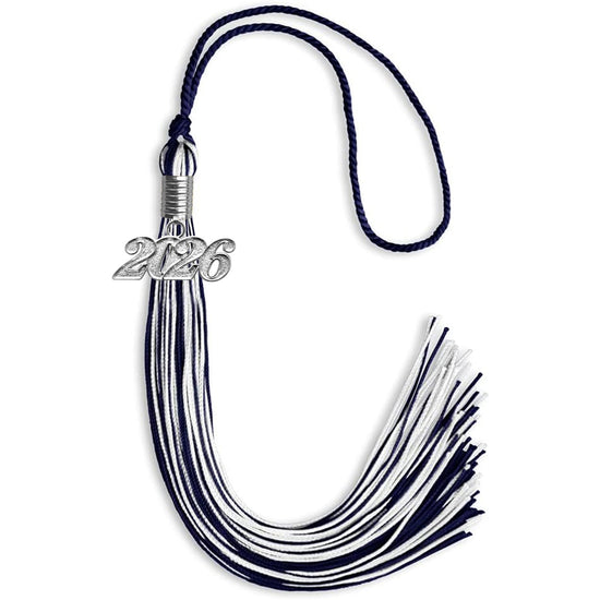 Navy Blue/White Mixed Color Graduation Tassel with Silver Bling Charm by Wholesale Grad Supply