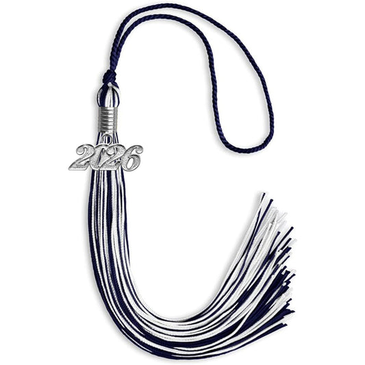 Navy Blue/White Mixed Color Graduation Tassel with Silver Bling Charm by Wholesale Grad Supply