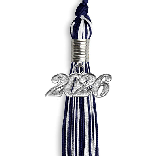 Navy Blue/White Mixed Color Graduation Tassel with Silver Bling Charm by Wholesale Grad Supply