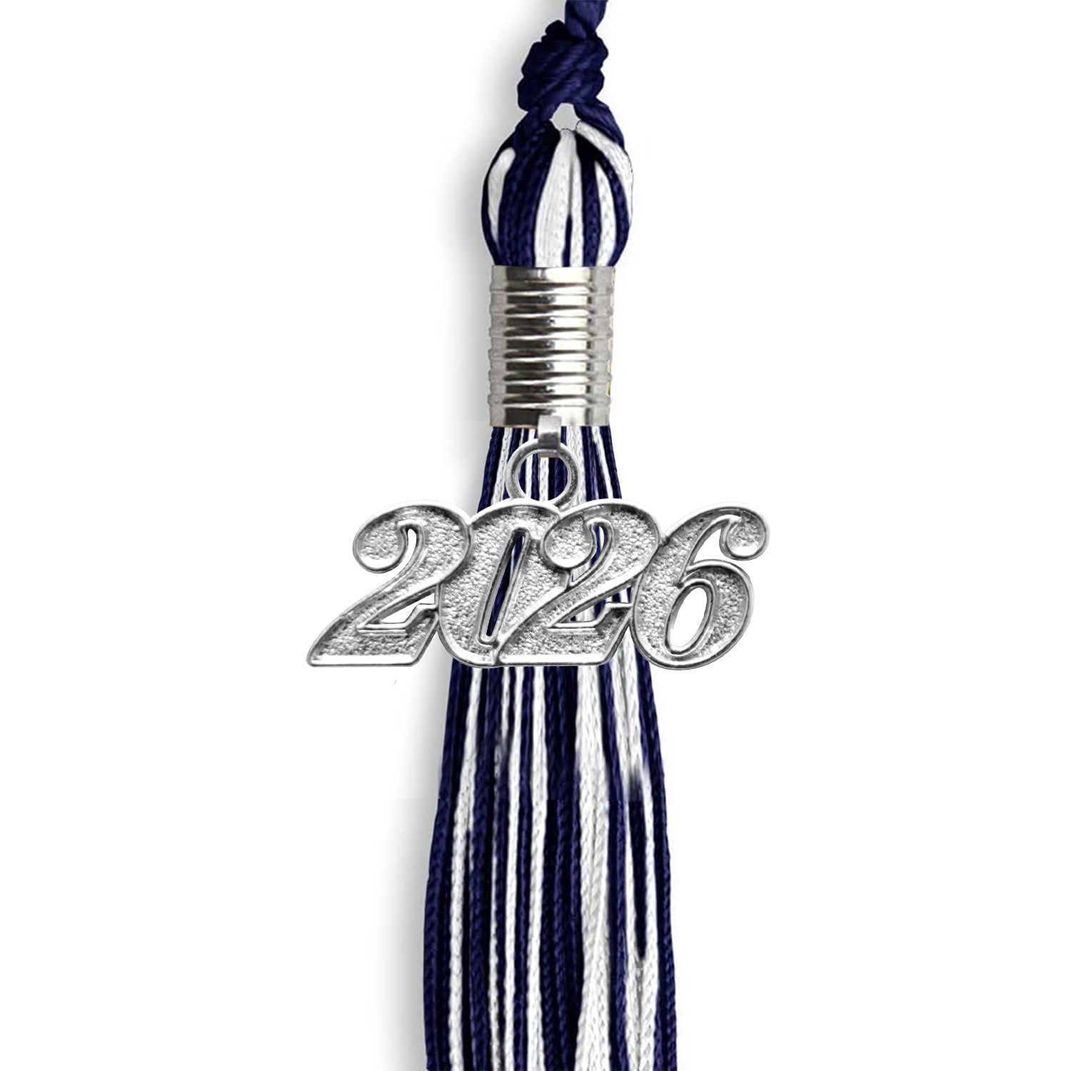 Navy Blue/White Mixed Color Graduation Tassel with Silver Bling Charm by Wholesale Grad Supply