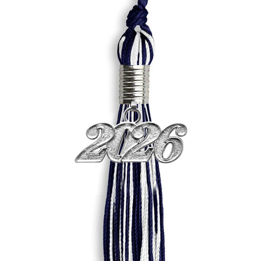Navy Blue/White Mixed Color Graduation Tassel with Silver Bling Charm by Wholesale Grad Supply