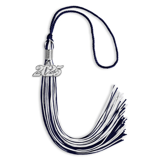 Navy Blue/White Mixed Color Graduation Tassel with Silver Bling Charm by Wholesale Grad Supply