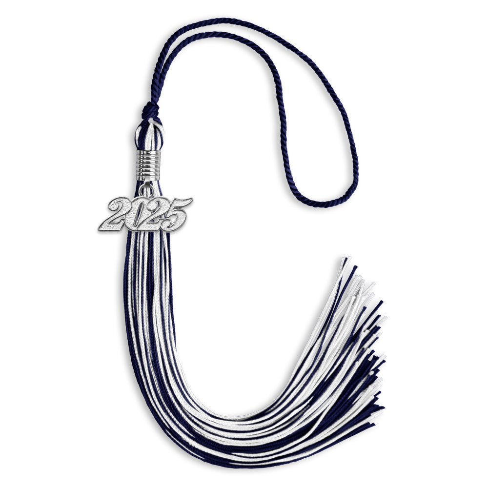 Navy Blue/White Mixed Color Graduation Tassel with Silver Bling Charm by Wholesale Grad Supply