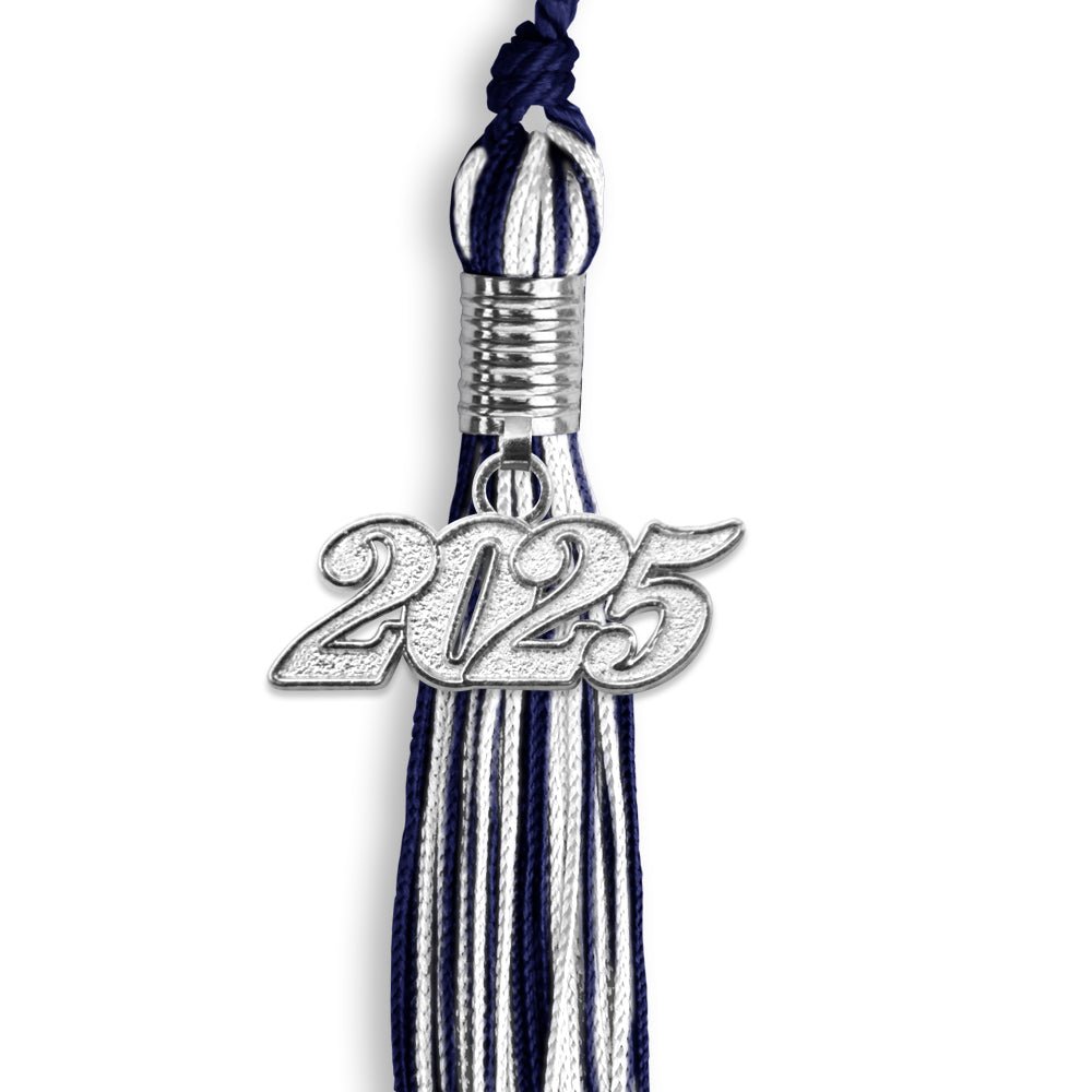 Navy Blue/White Mixed Color Graduation Tassel with Silver Bling Charm by Wholesale Grad Supply