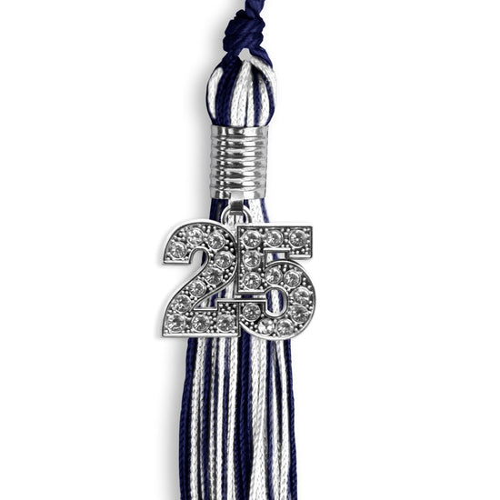 Navy Blue/White Mixed Color Graduation Tassel with Silver Bling Charm by Wholesale Grad Supply