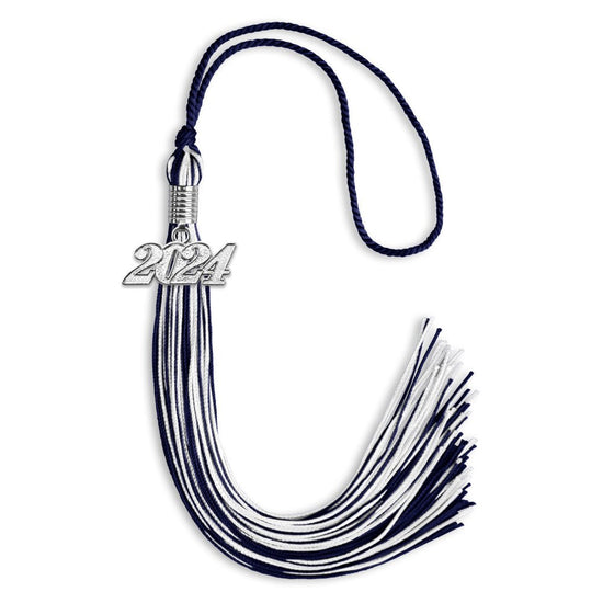Navy Blue/White Mixed Color Graduation Tassel with Silver Bling Charm by Wholesale Grad Supply