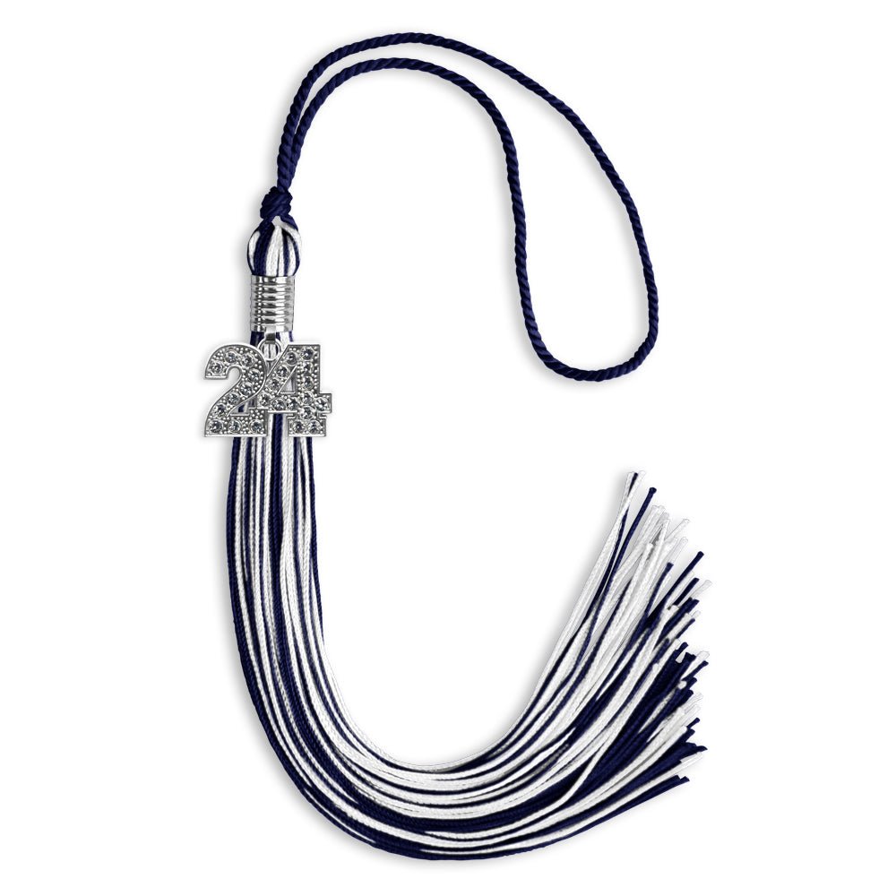 Navy Blue/White Mixed Color Graduation Tassel with Silver Bling Charm by Wholesale Grad Supply