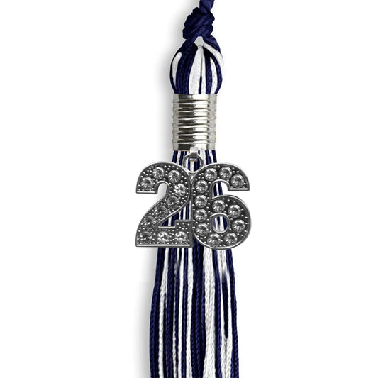 Navy Blue/White Mixed Color Graduation Tassel with Silver Bling Charm by Wholesale Grad Supply